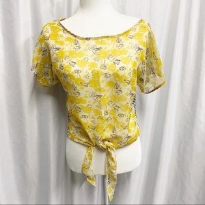 Sheer Yellow Rose Print & Striped Tie Front Blouse